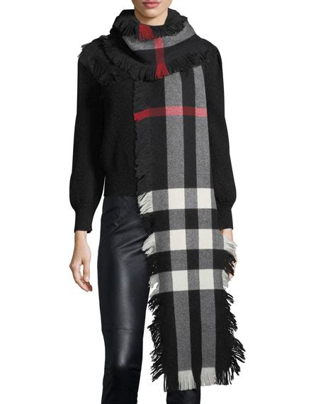 burberry half mega check fashion fringe wool scarf black|Burberry Check silk scarf.